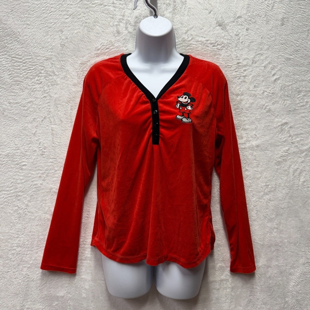 Disney Mickey Mouse Sleepwear Henley Shirt Medium (8-10) Red Stretch Velvet PJ